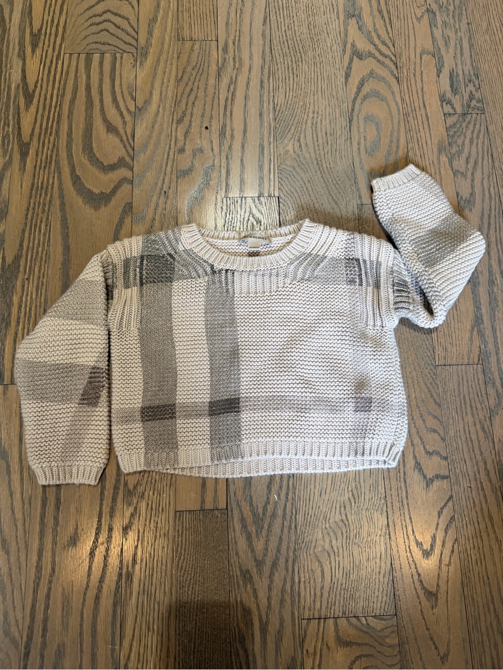 Burberry Cream and Gray Plaid Knit Sweater
